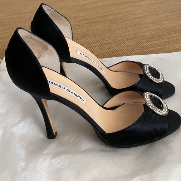 Manolo Blahnik Sedaraby Rhinestone Buckle D'Orsay In black satin Size 37.5 - Picture 4 of 5